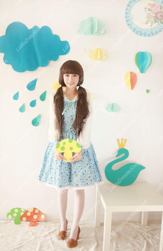 Blue Cotton Doll Collar Long Sleeve Panda Printing Sweet Lolita