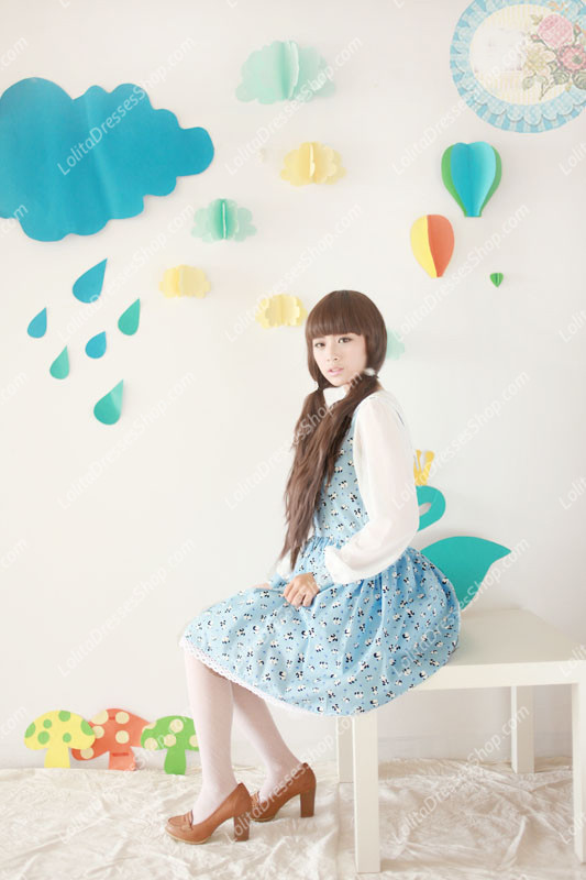 Blue Cotton Doll Collar Long Sleeve Panda Printing Sweet Lolita