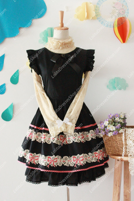 Black Cotton Round Neck Feifei Sleeve Flouncing Sweet Lolita Dress