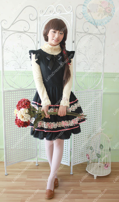 Black Cotton Round Neck Feifei Sleeve Flouncing Sweet Lolita Dress