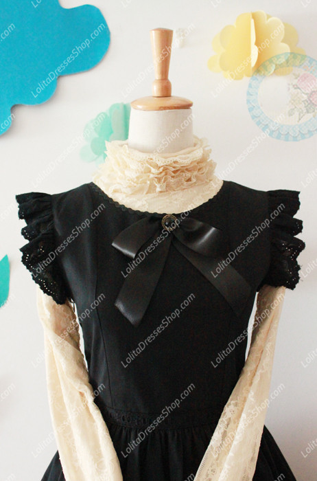 Black Cotton Round Neck Feifei Sleeve Flouncing Sweet Lolita Dress