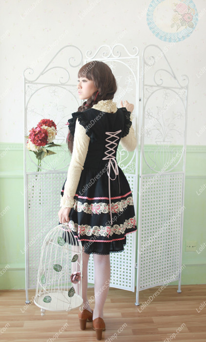 Black Cotton Round Neck Feifei Sleeve Flouncing Sweet Lolita Dress