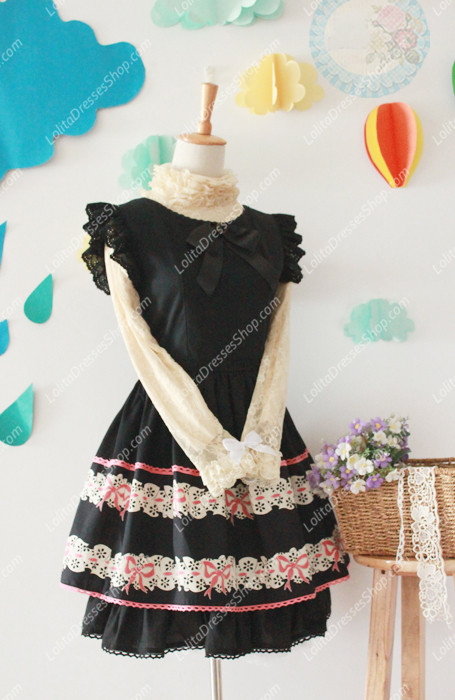 Black Cotton Round Neck Feifei Sleeve Flouncing Sweet Lolita Dress