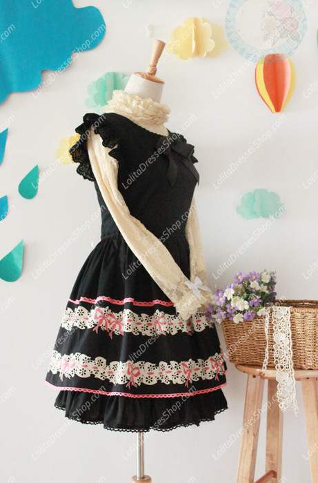 Black Cotton Round Neck Feifei Sleeve Flouncing Sweet Lolita Dress