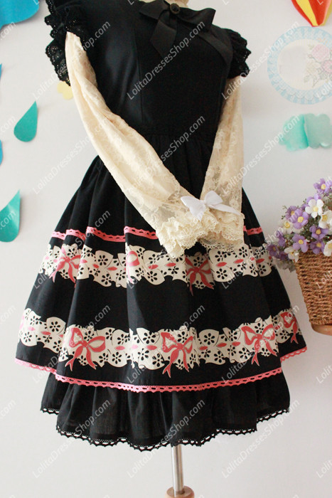 Black Cotton Round Neck Feifei Sleeve Flouncing Sweet Lolita Dress