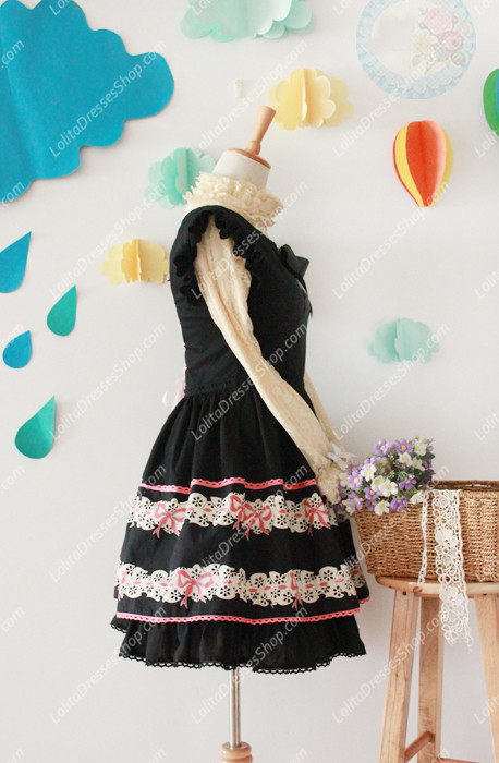 Black Cotton Round Neck Feifei Sleeve Flouncing Sweet Lolita Dress