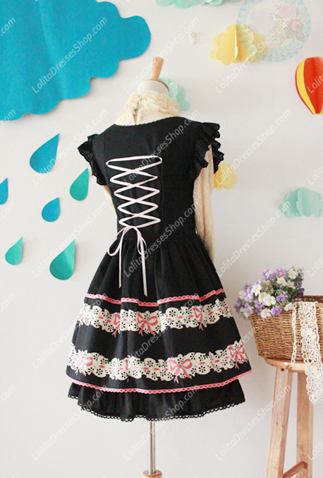 Black Cotton Round Neck Feifei Sleeve Flouncing Sweet Lolita Dress