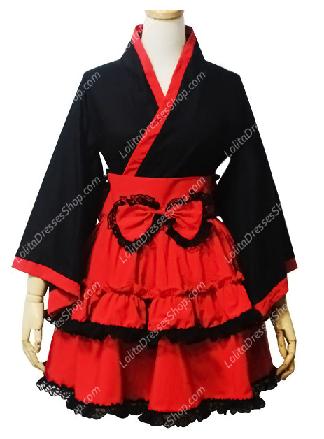 Black and Red Cotton Heart Neck Long Sleeves Kimono