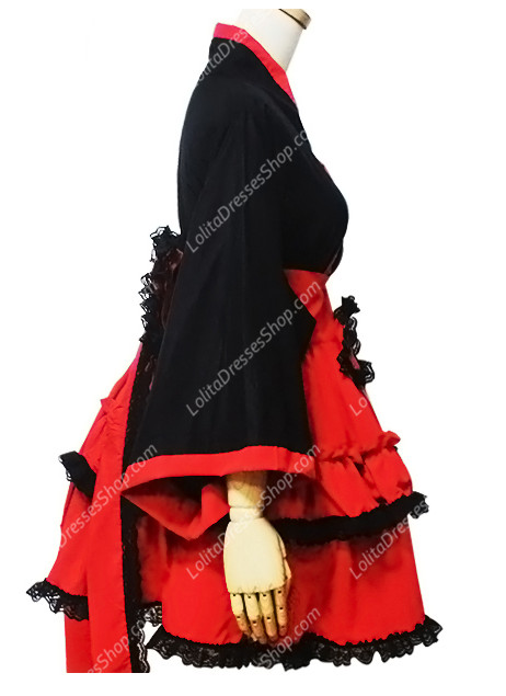 Black and Red Cotton Heart Neck Long Sleeves Kimono