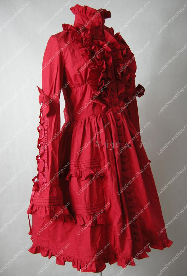 Red Cotton Stand Collar Long Sleeves Classic Lolita Dress