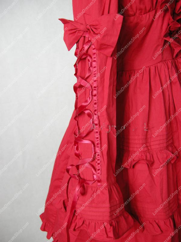 Red Cotton Stand Collar Long Sleeves Classic Lolita Dress