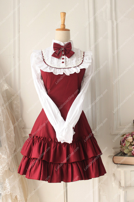 Red and White Doll Collar Long Sleeves Flouncing Classic Lolita Dress