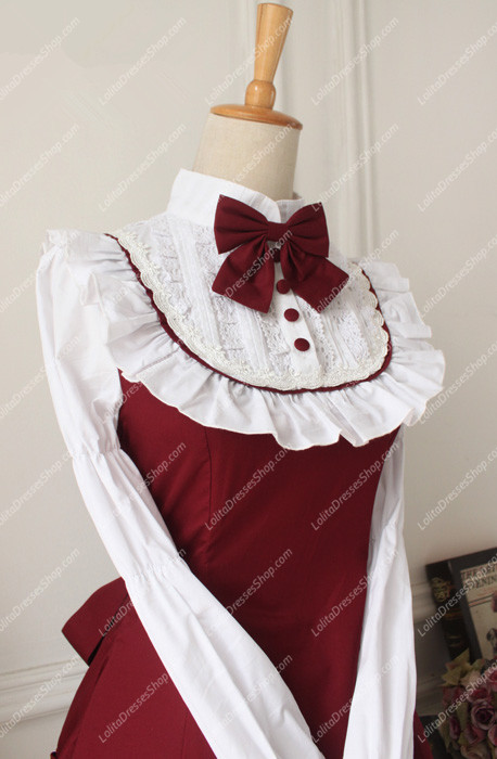 Red and White Doll Collar Long Sleeves Flouncing Classic Lolita Dress