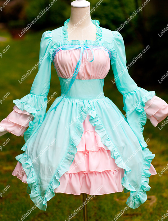 Summer Cool Sky Blue and Pink Chiffon and Cotton Square Neck Long Sleeves Sweet Lolita Dress