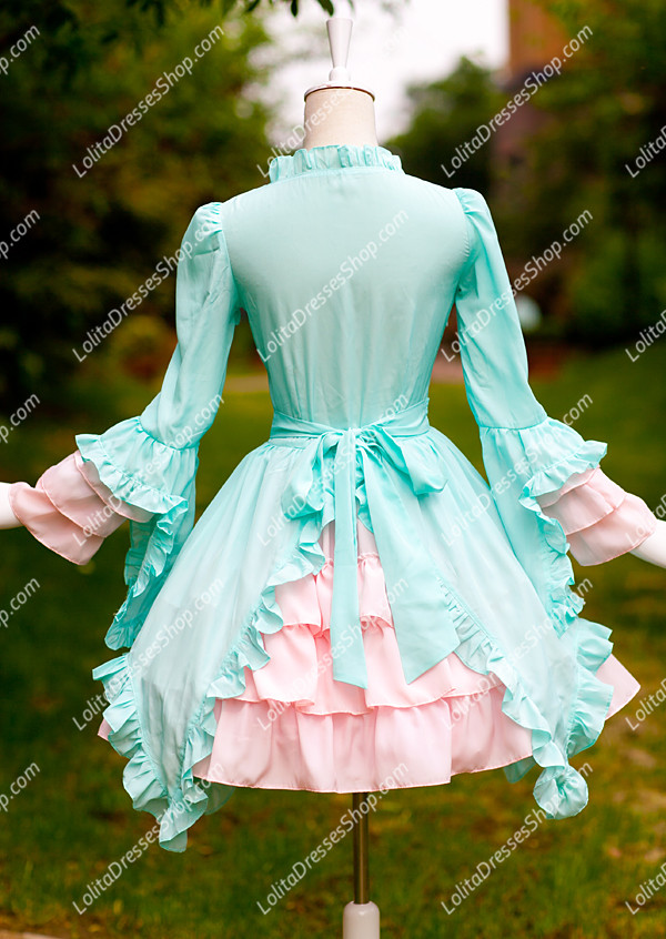 Summer Cool Sky Blue and Pink Chiffon and Cotton Square Neck Long Sleeves Sweet Lolita Dress