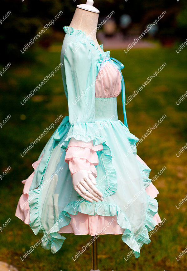 Summer Cool Sky Blue and Pink Chiffon and Cotton Square Neck Long Sleeves Sweet Lolita Dress
