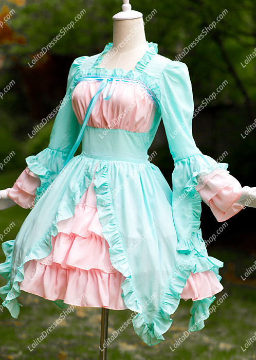 Summer Cool Sky Blue and Pink Chiffon and Cotton Square Neck Long Sleeves Sweet Lolita Dress