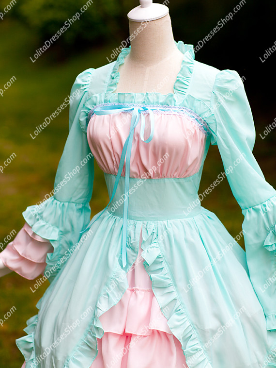 Summer Cool Sky Blue and Pink Chiffon and Cotton Square Neck Long Sleeves Sweet Lolita Dress