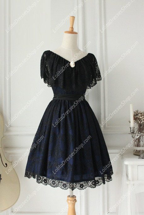 Vintage Lace Princess Dark Blue V-neck Short Sleeves Palace Fashion