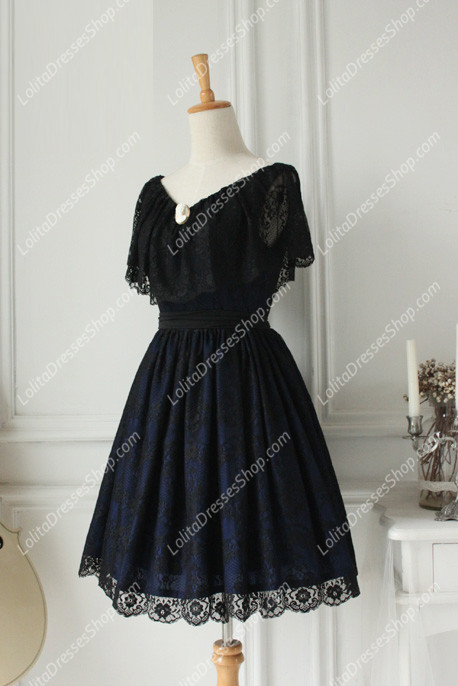 Vintage Lace Princess Dark Blue V-neck Short Sleeves Palace Fashion