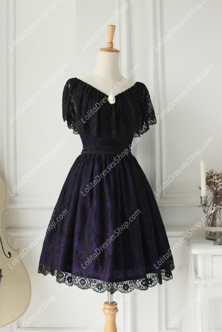 Vintage Lace Princess Dark Purple V-neck Short Sleeves Palace Fashion