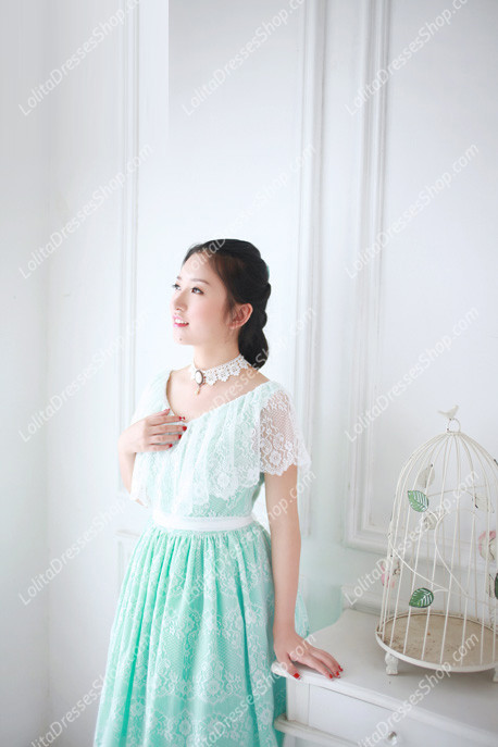 Vintage Lace Princess Green V-neck Short Sleeves Palace Fashion