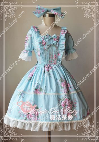 Blue Cotten Sweet Magic Tea Party Knot JSK Lolita Dress