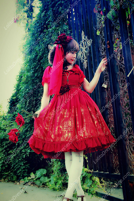 Sweet Cotten Bronzing Chiffon strawberry Infanta Lolita Dress