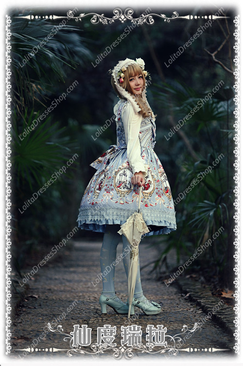 Sweet Cotten Infanta Print Cinderella Ruffles Bow Lolita Dress