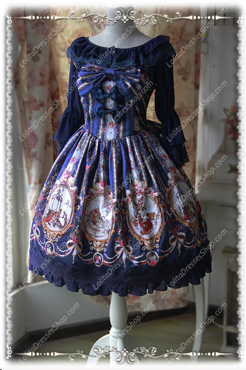 Sweet Cotten Infanta Print Cinderella Ruffles Bow Lolita Dress