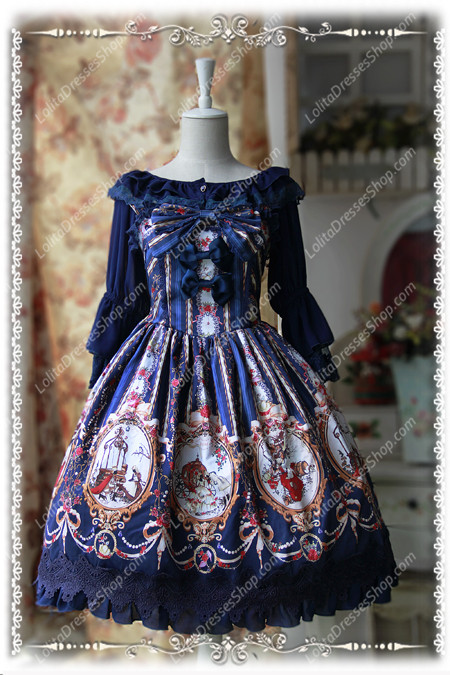 Sweet Cotten Infanta Print Cinderella Ruffles Bow Lolita Dress