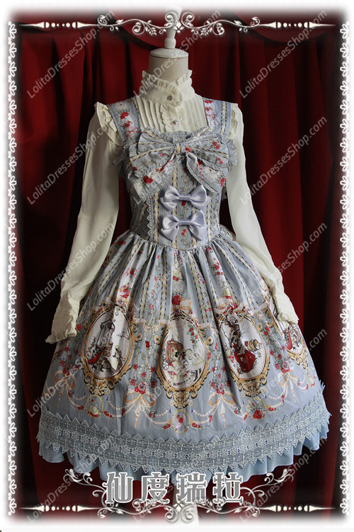 Sweet Cotten Infanta Print Cinderella Ruffles Bow Lolita Dress