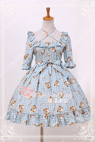 Cotten Sweet Magic Tea Party Summer Little Bear OP Print Knot Lolita Dress