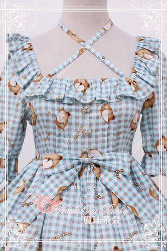 Cotten Sweet Magic Tea Party Summer Little Bear OP Print Knot Lolita Dress