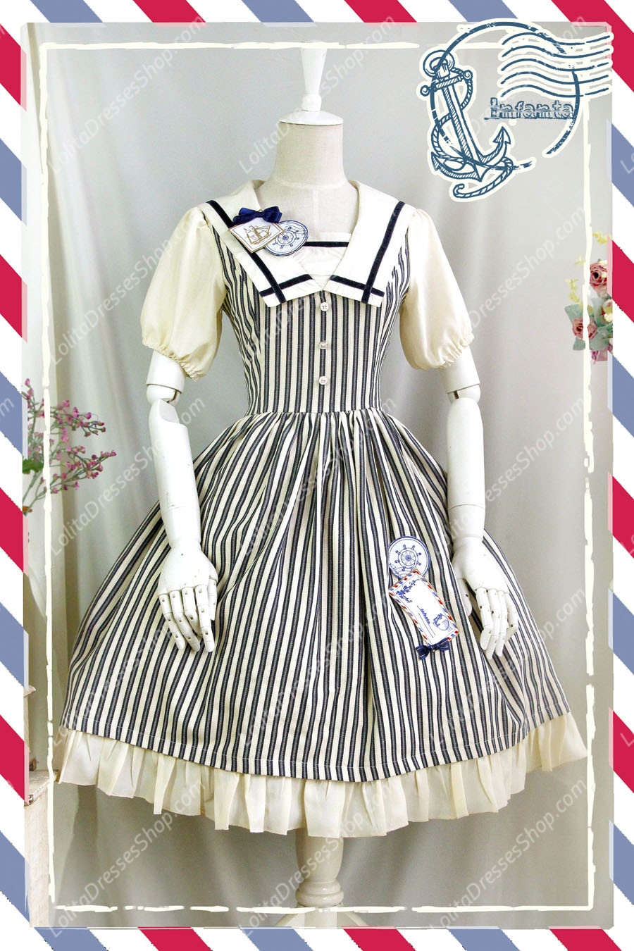 Sweet Cotten Short Sleeves Square collar Navy Style Infanta Lolita OP