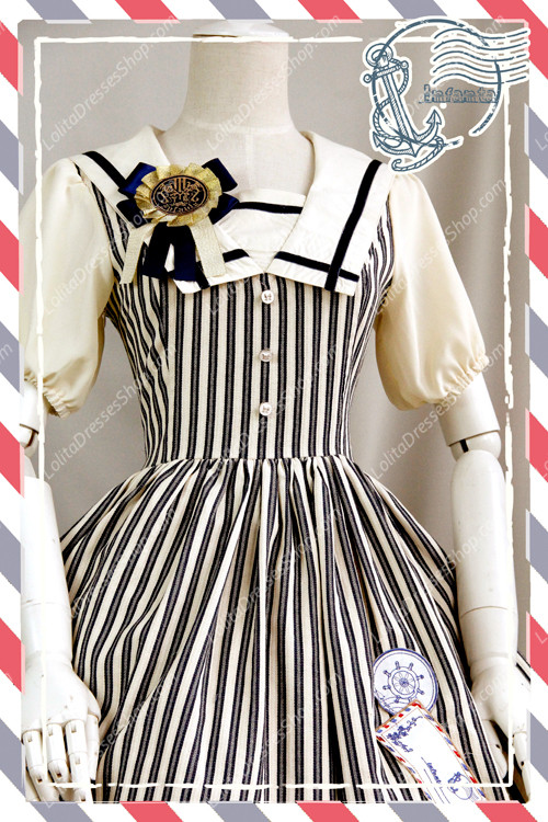 Sweet Cotten Short Sleeves Square collar Navy Style Infanta Lolita OP