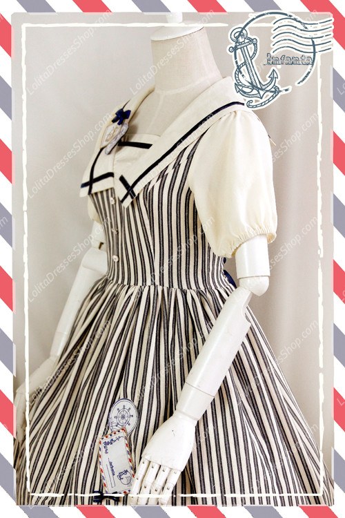 Sweet Cotten Short Sleeves Square collar Navy Style Infanta Lolita OP