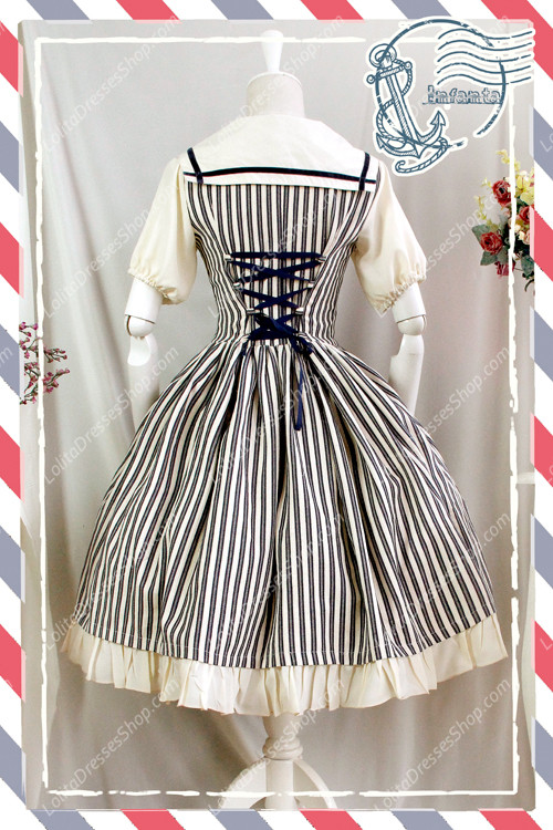 Sweet Cotten Short Sleeves Square collar Navy Style Infanta Lolita OP