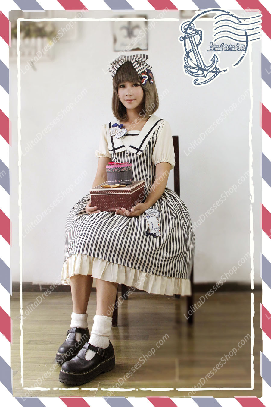 Sweet Cotten Short Sleeves Square collar Navy Style Infanta Lolita OP