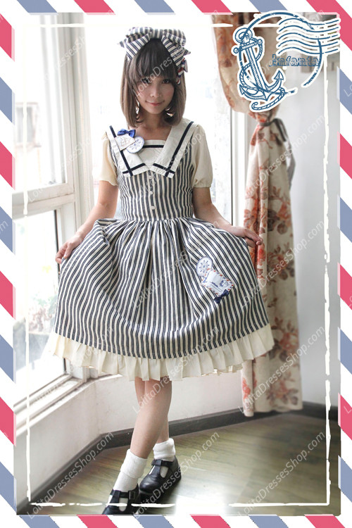 Sweet Cotten Short Sleeves Square collar Navy Style Infanta Lolita OP