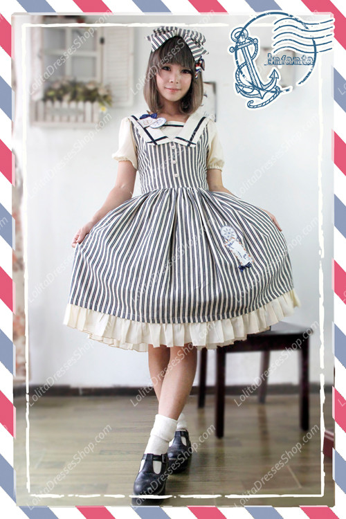Sweet Cotten Short Sleeves Square collar Navy Style Infanta Lolita OP