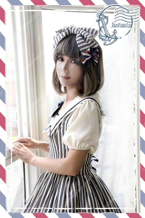 Sweet Cotten Short Sleeves Square collar Navy Style Infanta Lolita OP