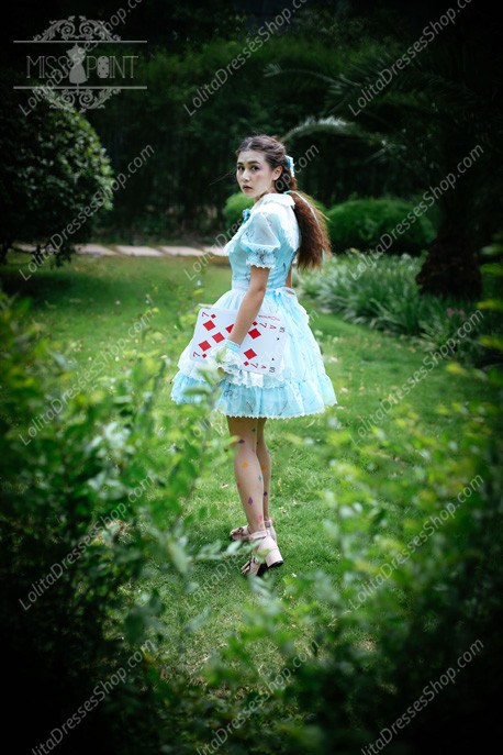 Sweet Chiffon Lace Alice in Wonderland Short Sleeve Knot OP Lolita Dress