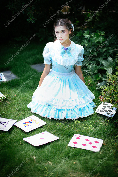 Sweet Chiffon Lace Alice in Wonderland Short Sleeve Knot OP Lolita Dress