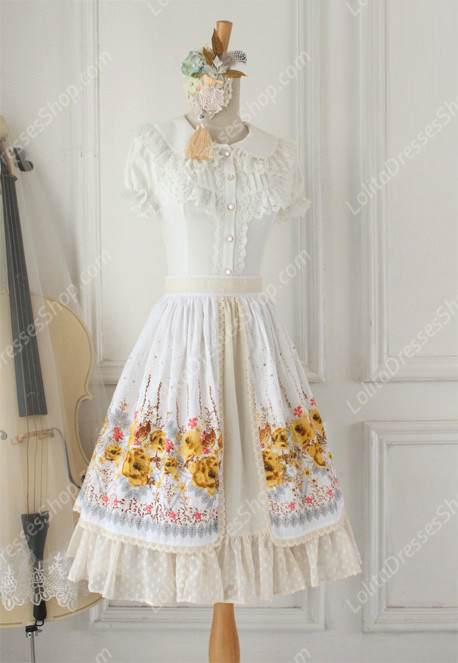 Sweet Vintage Garden Flower Knot Lace Cotton Lolita Skirt