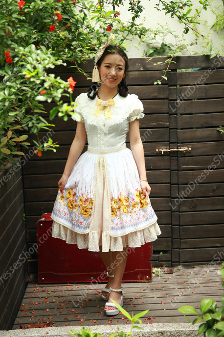 Sweet Vintage Garden Flower Knot Lace Cotton Lolita Skirt