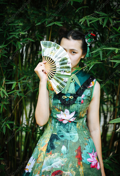 Lolita Cotton Vintage Chinese lotus Flounced Stand Collar OP Dress