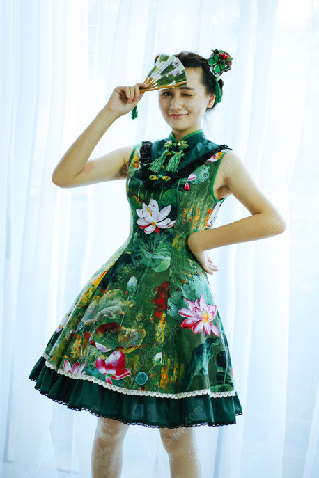 Lolita Cotton Vintage Chinese lotus Flounced Stand Collar OP Dress