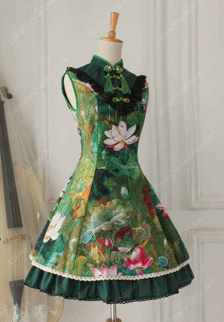 Lolita Cotton Vintage Chinese lotus Flounced Stand Collar OP Dress