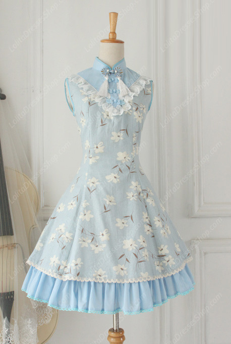 Lolita Cotton Vintage Chinese orchid Flounced Stand Collar OP Dress